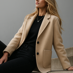Ivory wool blazer with notch lapels, two-button front, and front patch pockets