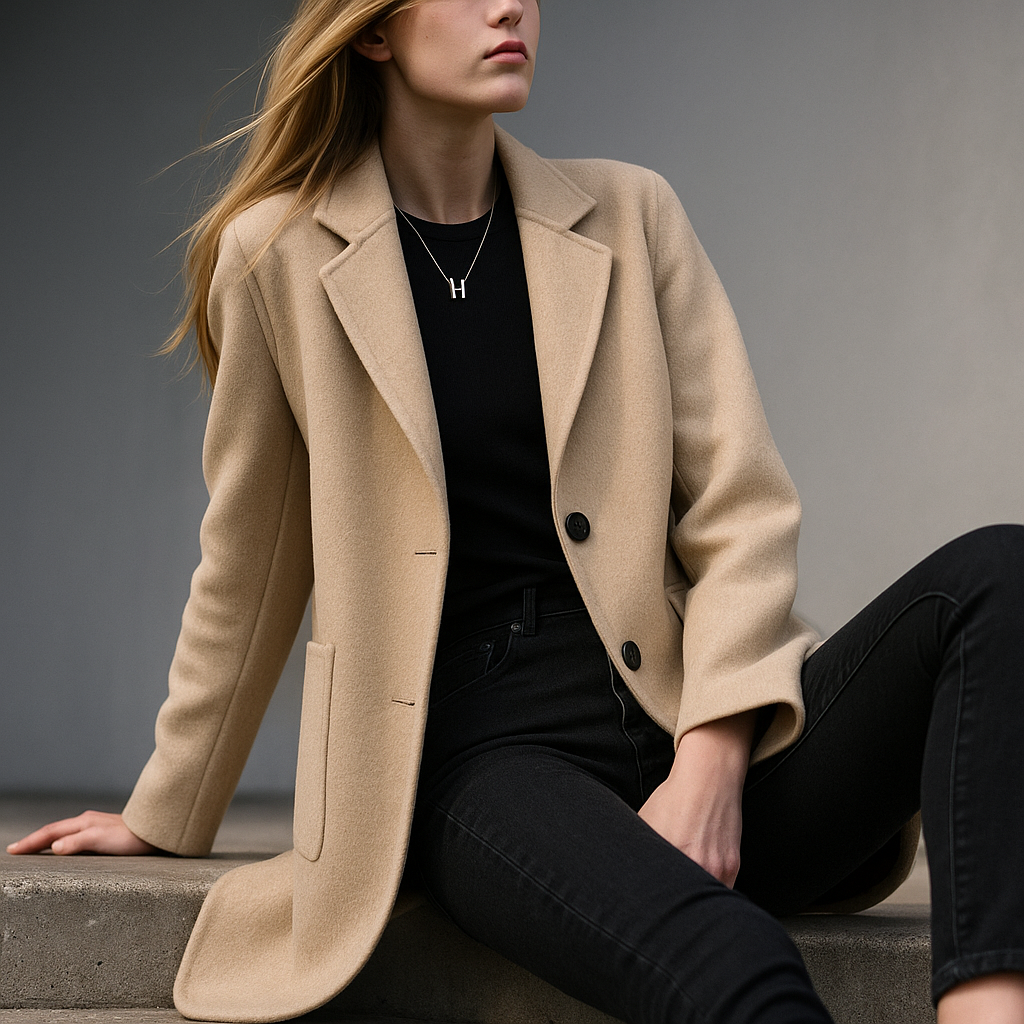 Beige camel wool blazer with notched lapels and two-button front, worn with black jeans