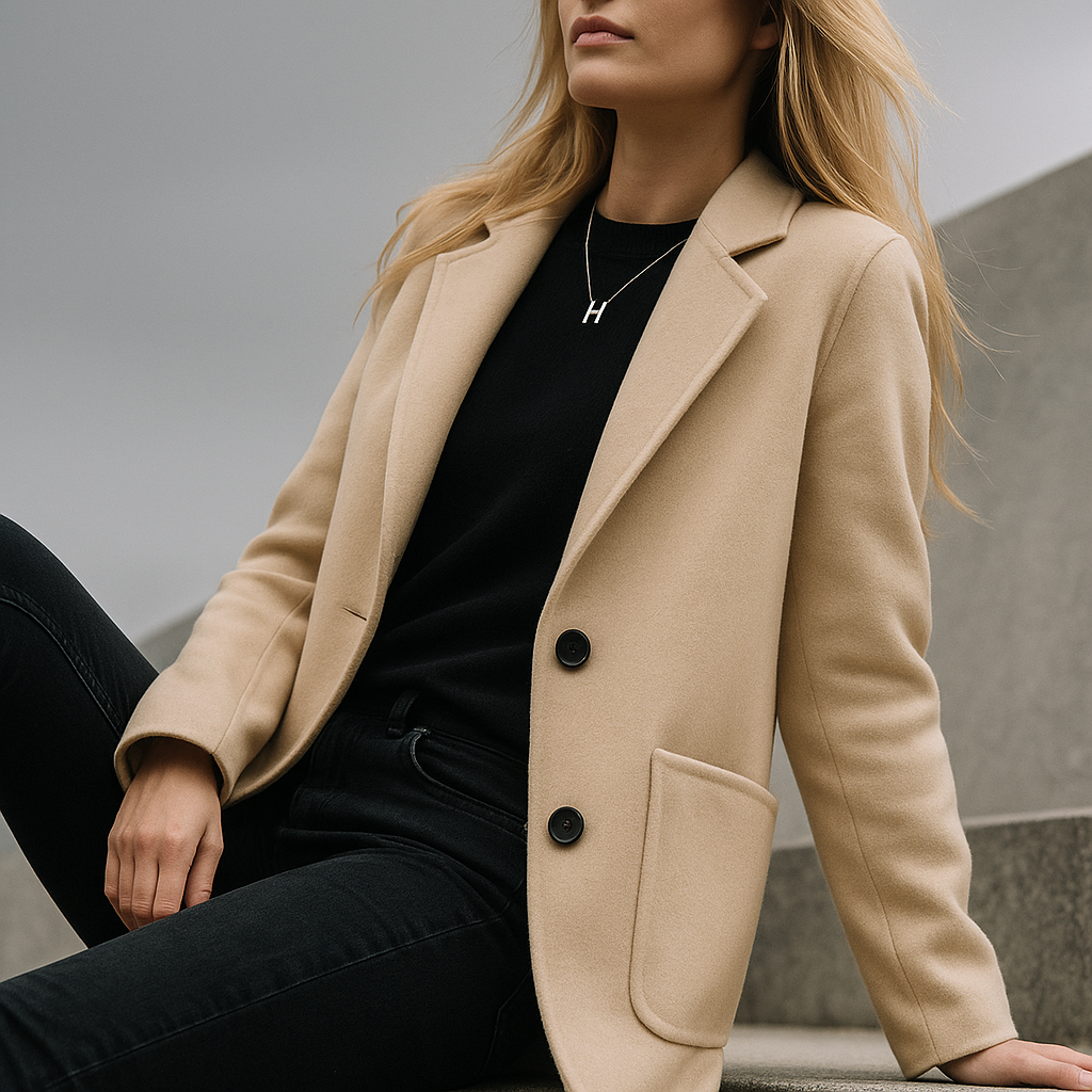 Ivory wool blazer with notch lapels, two-button front, and flap front pocket; seated