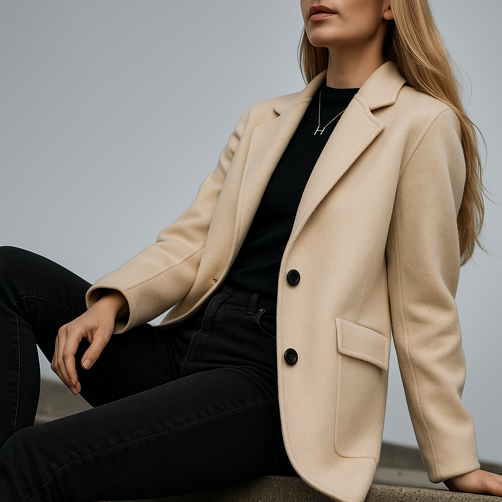Ivory wool blazer with notch lapels, two-button front, and front patch pocket; seated