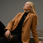 Camel wool blazer with notch lapels, two front buttons, and chest pocket; seated view