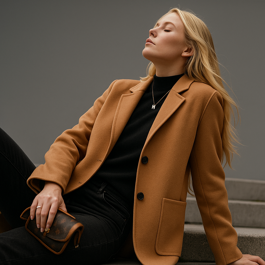 Camel wool blazer with notch lapels, two front buttons, and chest pocket; seated view