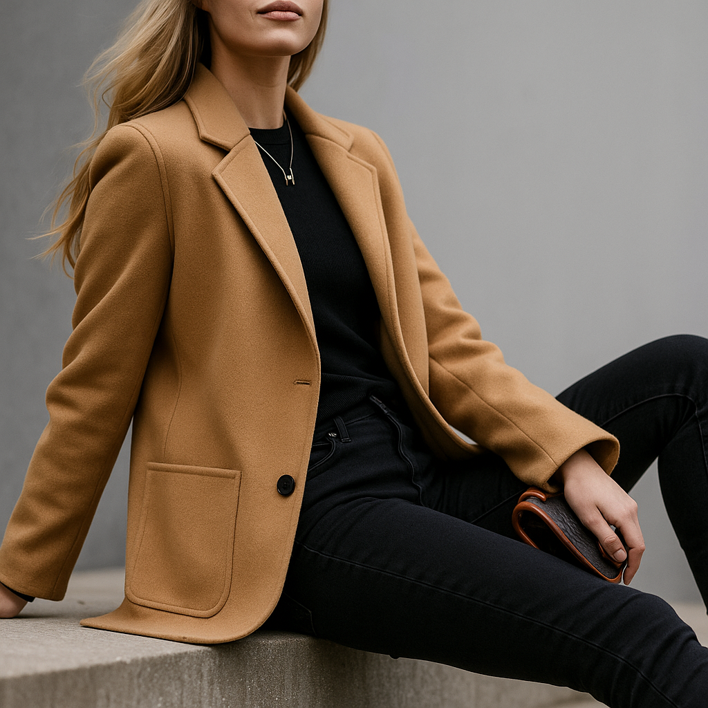 Camel wool blazer with notched lapels, two-button front, and flap chest pocket