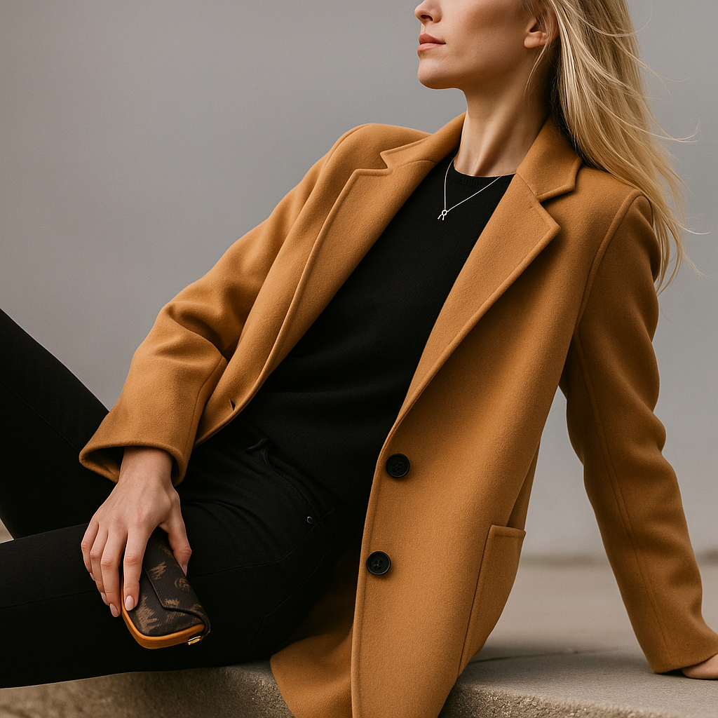 Camel wool blazer with notch lapels, double-breasted buttons, and front patch pockets