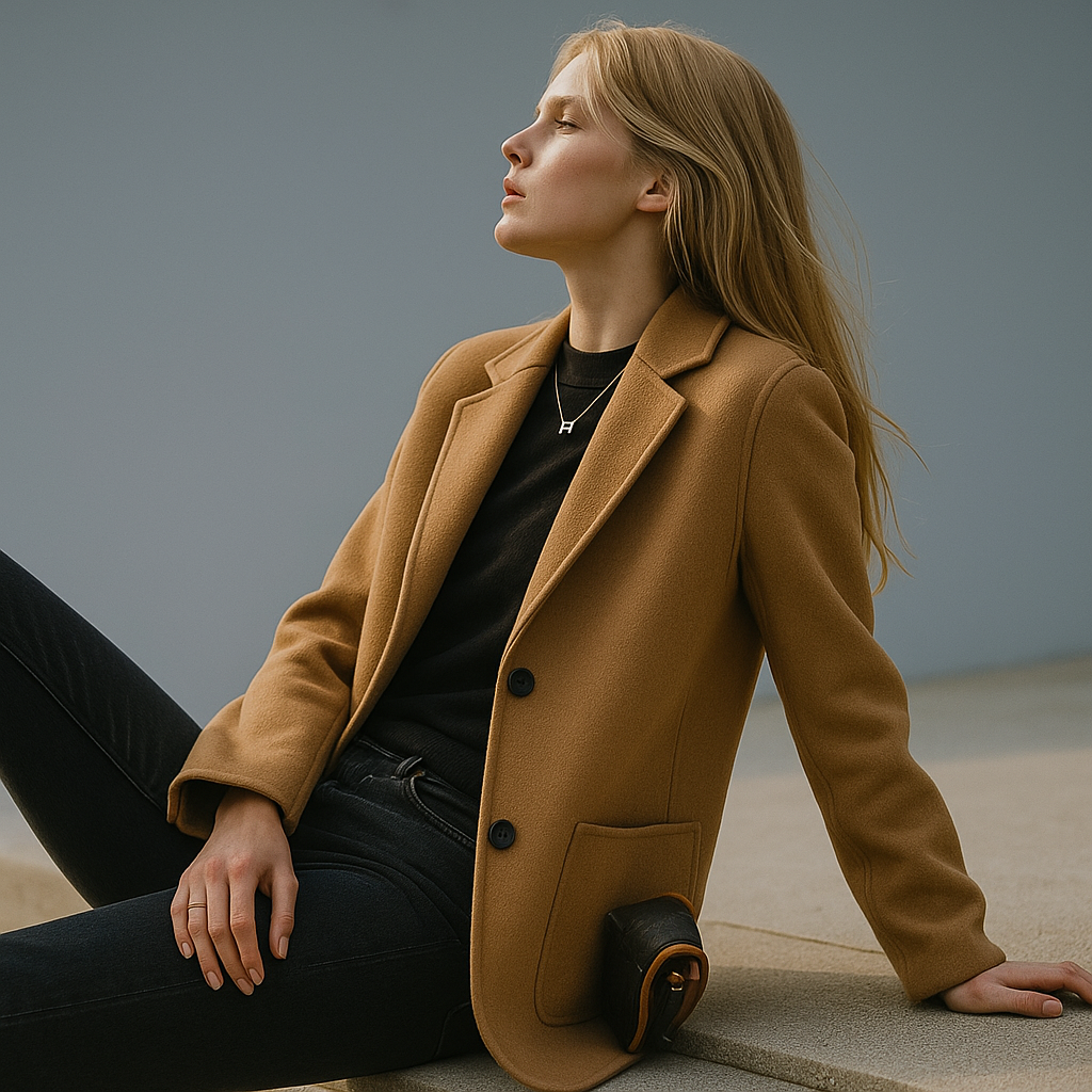 Camel wool blazer with notch lapels, flap chest pocket and two-button front
