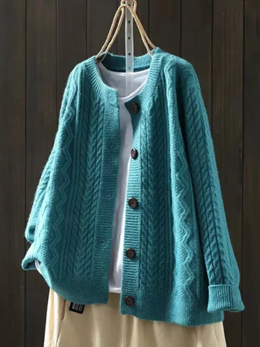 Teal cable-knit cardigan with button front and ribbed cuffs