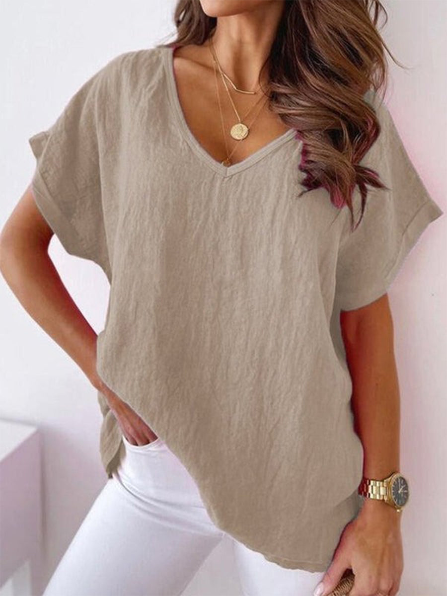 Khaki short-sleeve V-neck cotton-blend T-shirt on model