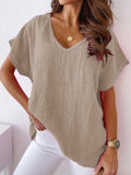 Khaki short-sleeve V-neck cotton-blend T-shirt on model