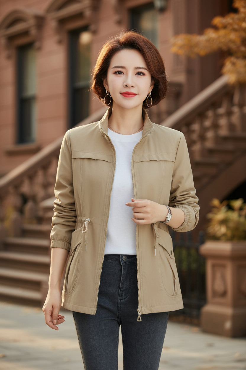 Beige women’s zip-front windbreaker jacket with flap pockets and adjustable drawstring hem