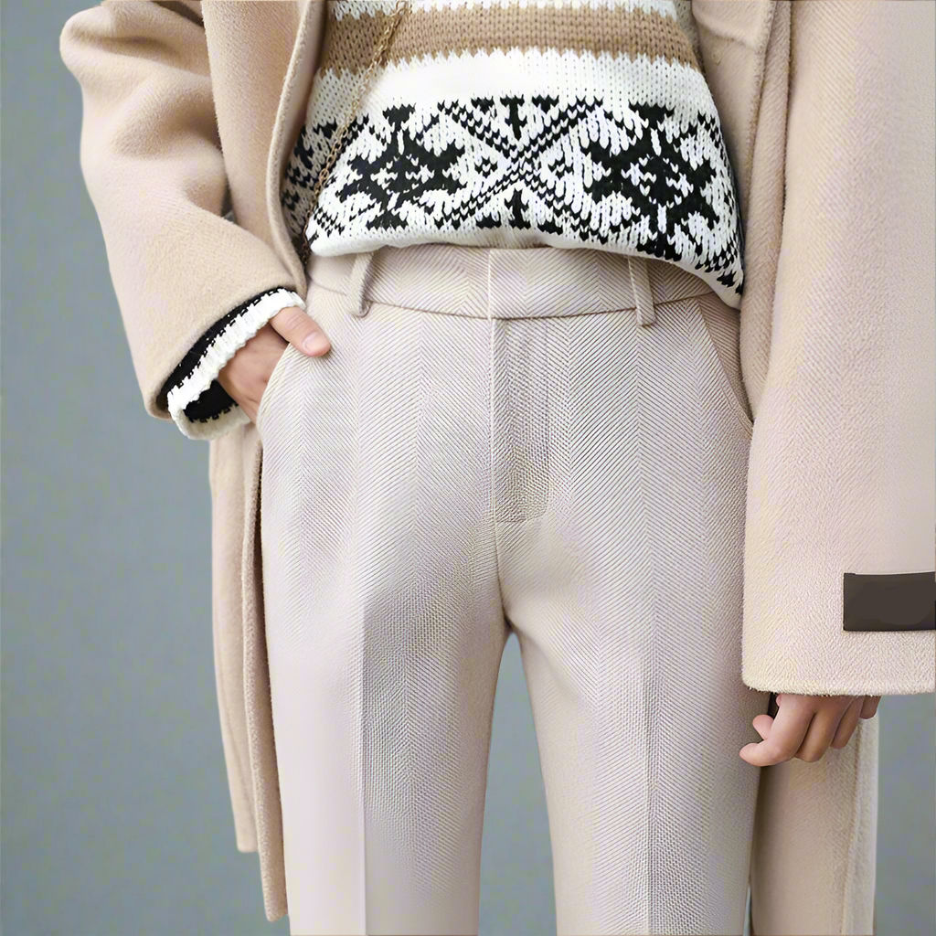 Women’s high-waisted straight-leg trousers, light ivory; tailored front crease and belt loops