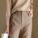 High-waisted herringbone wool-blend trousers in tan, front pockets and belt loops detail