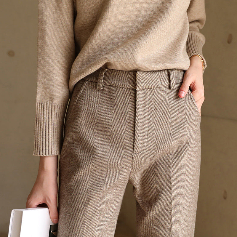 High-waisted herringbone wool-blend trousers in tan, front pockets and belt loops detail
