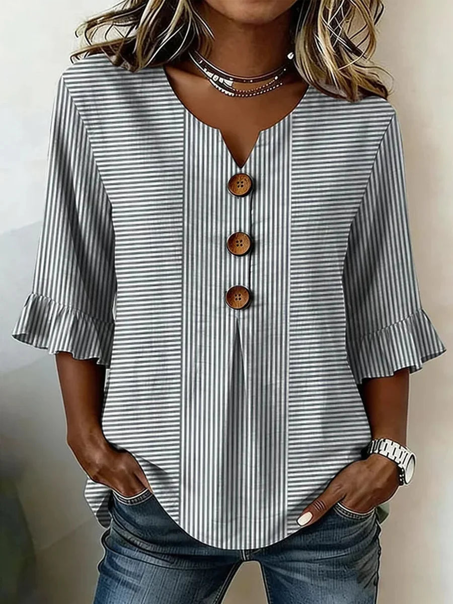 Gray striped V-neck blouse with three-button front and 3/4 ruffle sleeves
