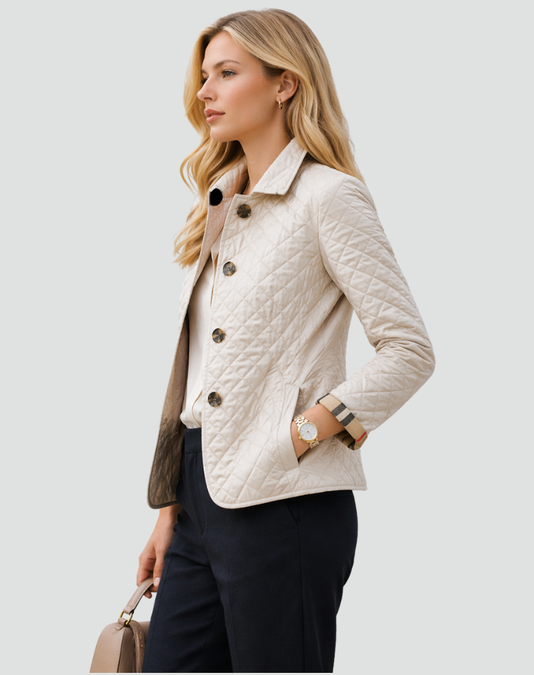 Women's quilted jacket, white button-front, stand collar and long sleeves
