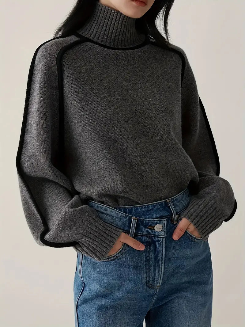 Dark gray turtleneck knit sweater with ribbed cuffs and straight hem