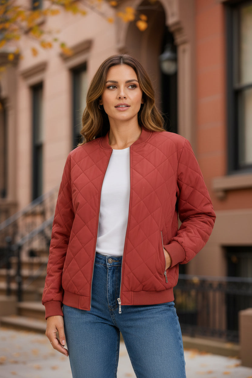 Women’s quilted bomber jacket in wine-red, front zipper, ribbed cuffs and hem.