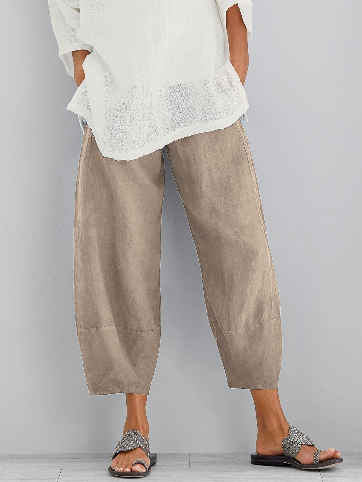 Women's loose cotton cropped pants in khaki, wide legs with cuffed hem