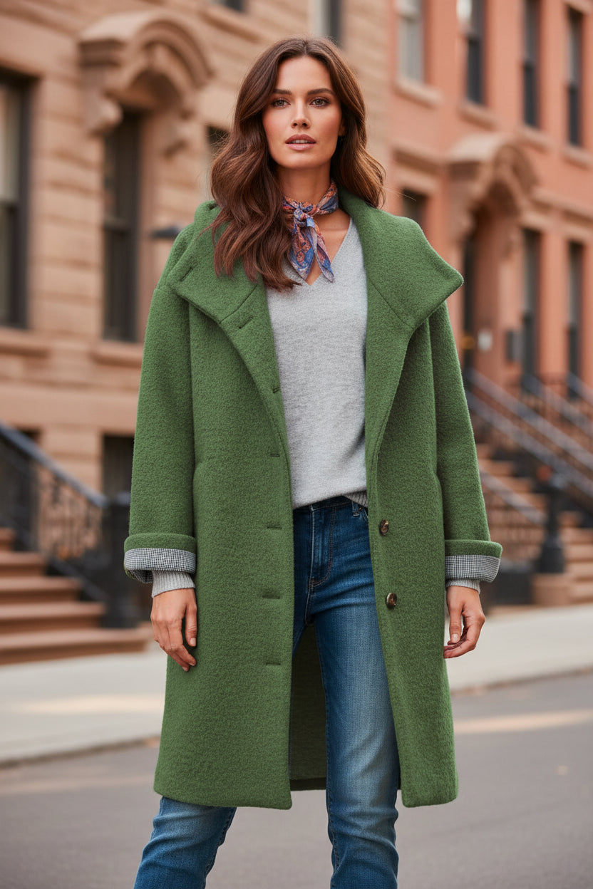 Women’s soft wool coat, green hooded front with button closure and pockets.