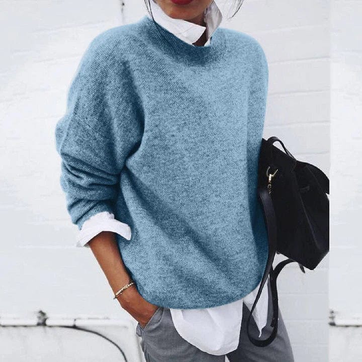 Blue crew neck knit sweater with long sleeves, relaxed fit