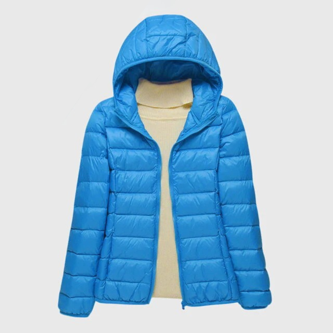 Ultra-light quilted jacket, blue, full-zip hooded puffer with ribbed knit trim
