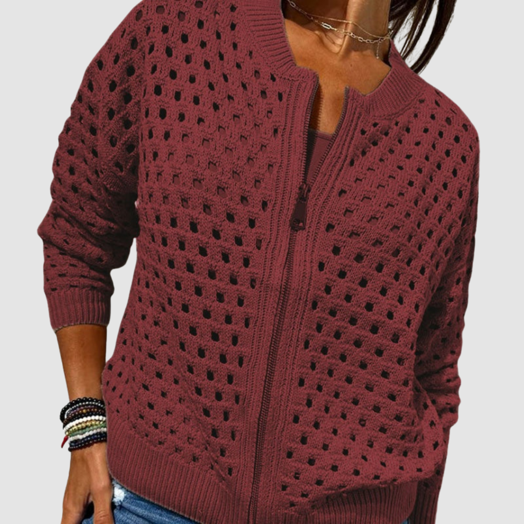 Burgundy knitted cardigan with full zip, openwork dot pattern, ribbed cuffs and hem.