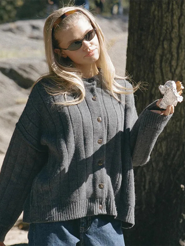 Women’s oversized button-front cardigan, textured knit, charcoal gray