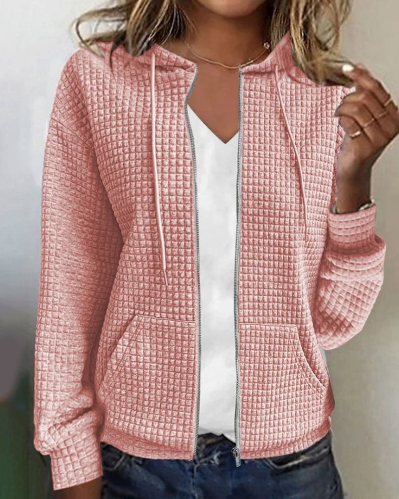 Rose textured zip-up long-sleeve hoodie with front pockets and high collar