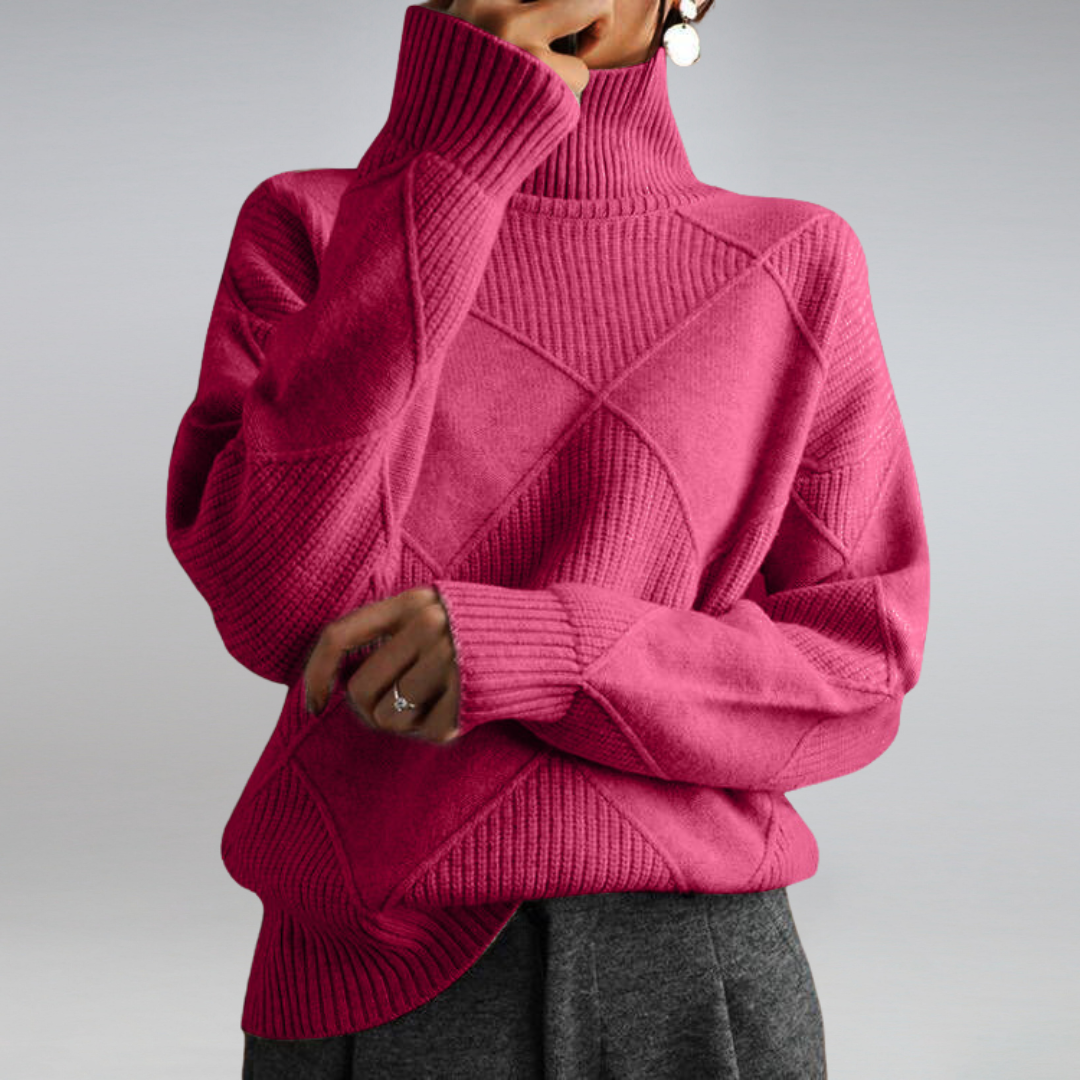 Women’s cashmere turtleneck sweater in magenta, diamond knit pattern, ribbed turtleneck and cuffs.