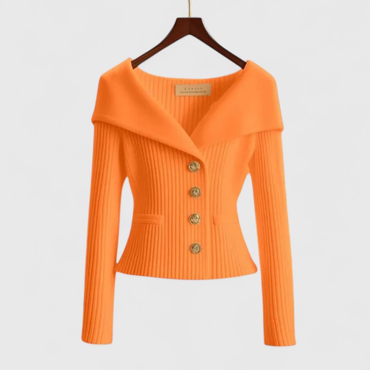 Orange ribbed cardigan with V-neck, long sleeves, and button front
