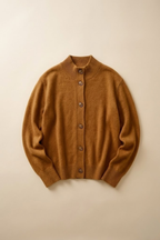 Camel-brown button cardigan sweater with ribbed cuffs and neckline.