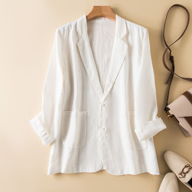 Pearl white lightweight blazer with notched lapel, two-button closure, chest pocket