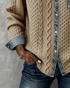 Beige long-sleeve shirt with cable knit texture, denim collar and front chest pocket.