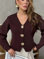 Women’s boxy V-neck cardigan sweater in burgundy with gold-tone button front