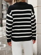 Black and cream striped ribbed knit sweater, long sleeves