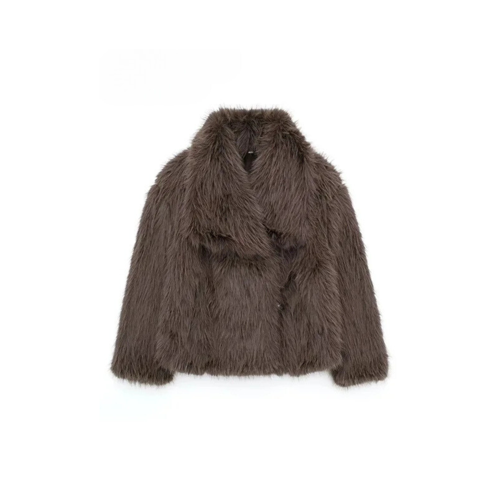 Brown oversized faux fur jacket with shawl collar and button front