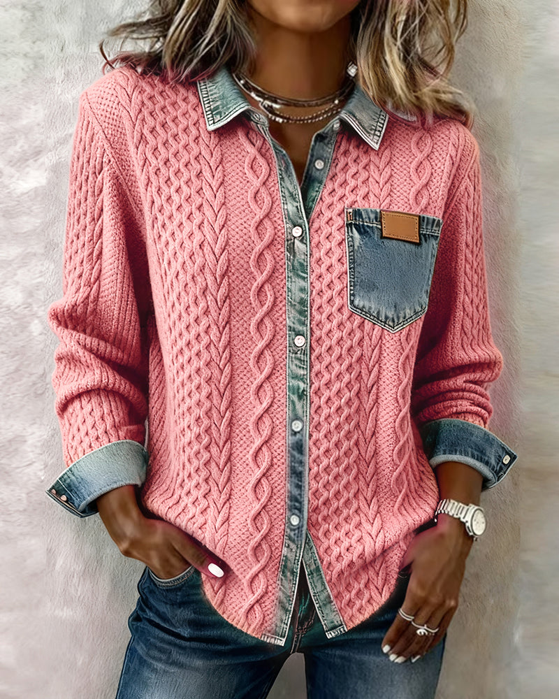 Pink long-sleeve shirt with denim collar, button placket, and chest pocket.