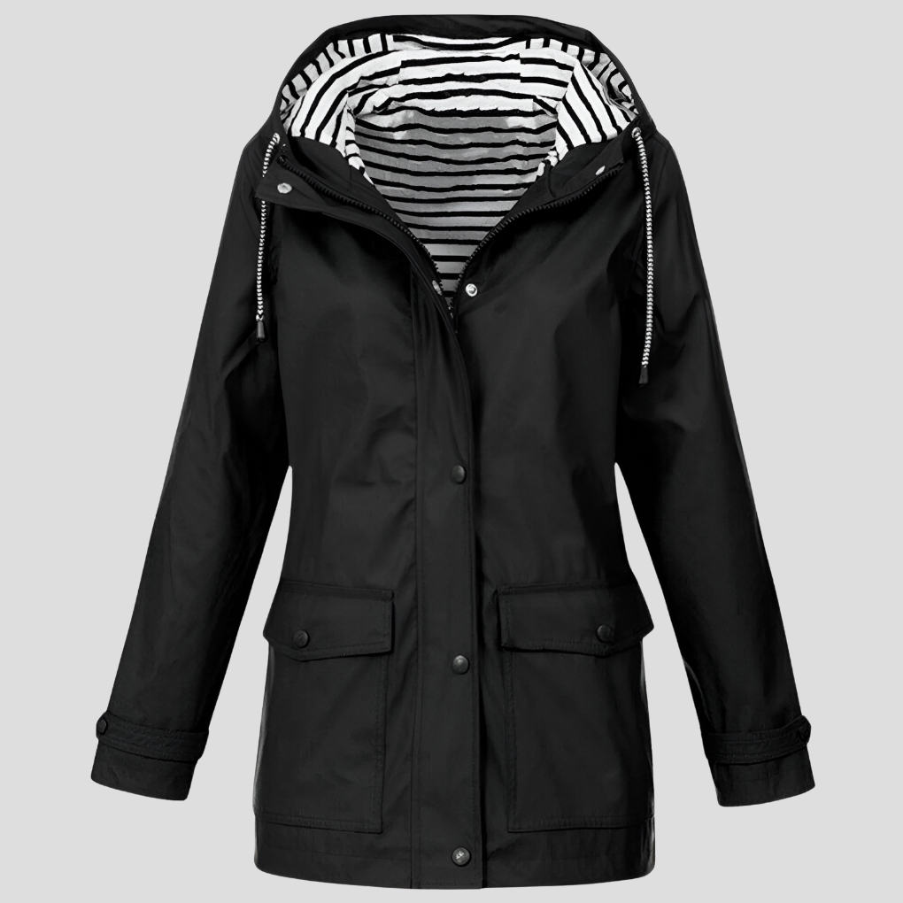 Amalia women’s insulated wind and waterproof jacket, black with striped hood lining, snap front