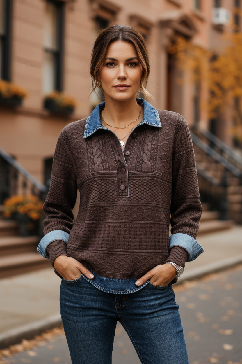 Coffee brown textured half-button sweatshirt with collar and dark button placket