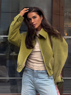 Olrinetta suede-like cropped jacket, olive green with collared neckline and elastic cuffs