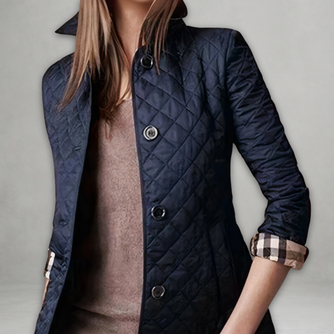 Navy quilted spring jacket with button front, stand collar, long sleeves