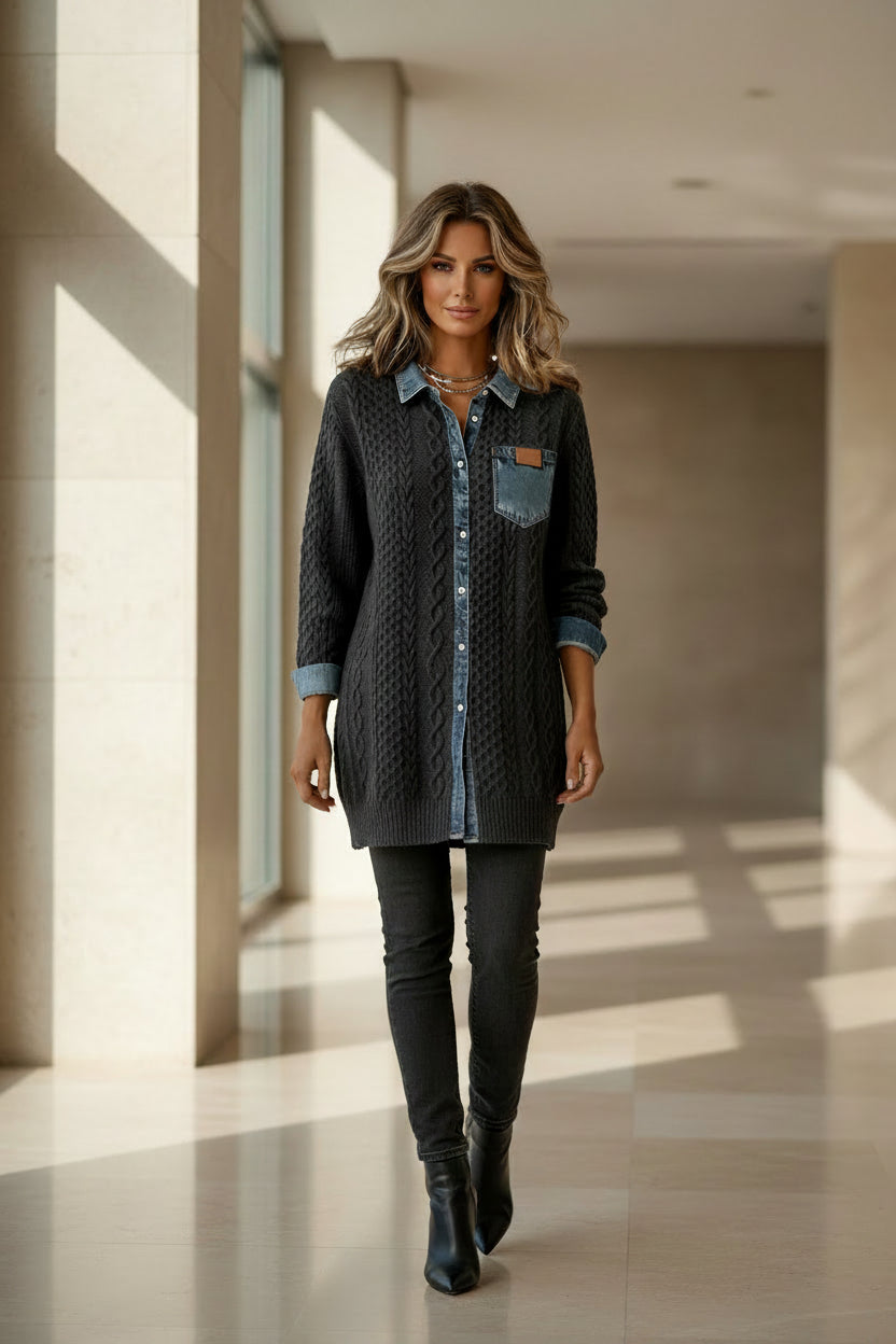 Dark gray long-sleeve shirt with denim collar trim and front chest pocket.