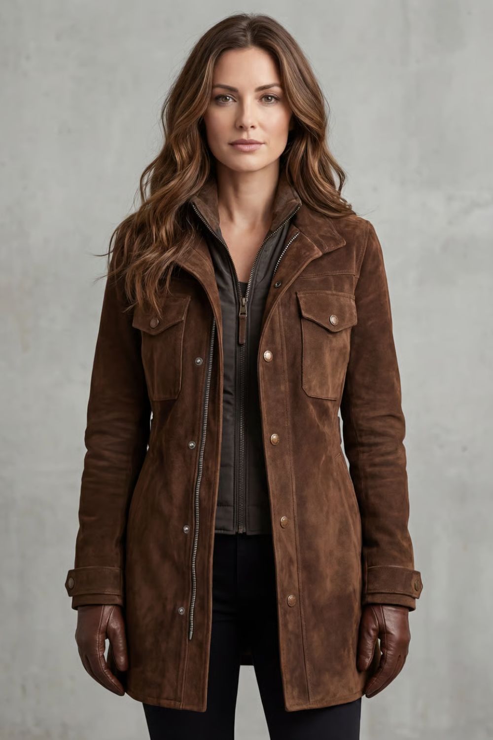 Brown suede longline coat with zip, stand collar, chest pockets, button cuffs