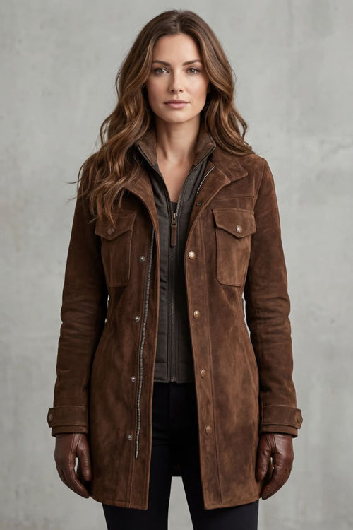 Brown suede longline coat with zip, stand collar, chest pockets, button cuffs
