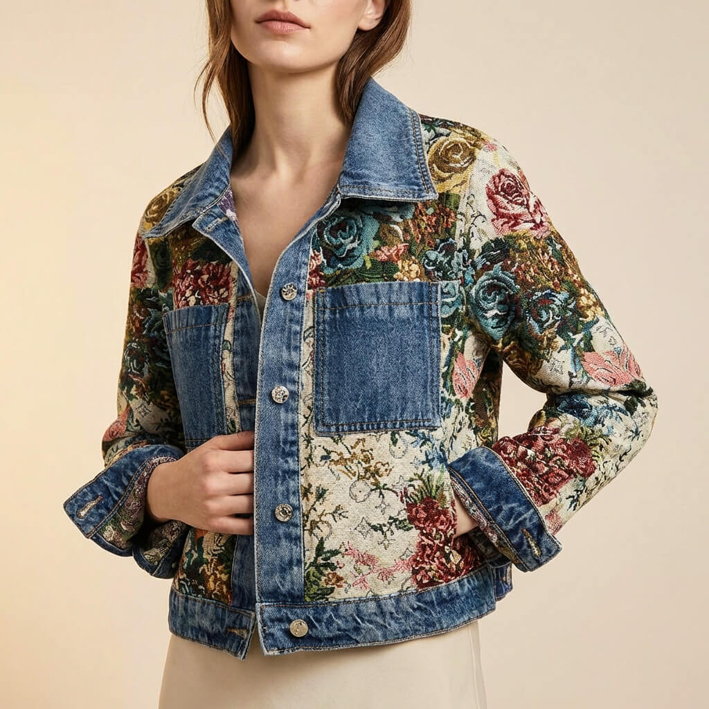 Floral patchwork denim jacket with button front, chest pockets, long sleeves