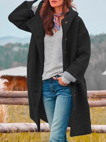 Women’s soft wool coat, black hooded front with button closure and pockets.