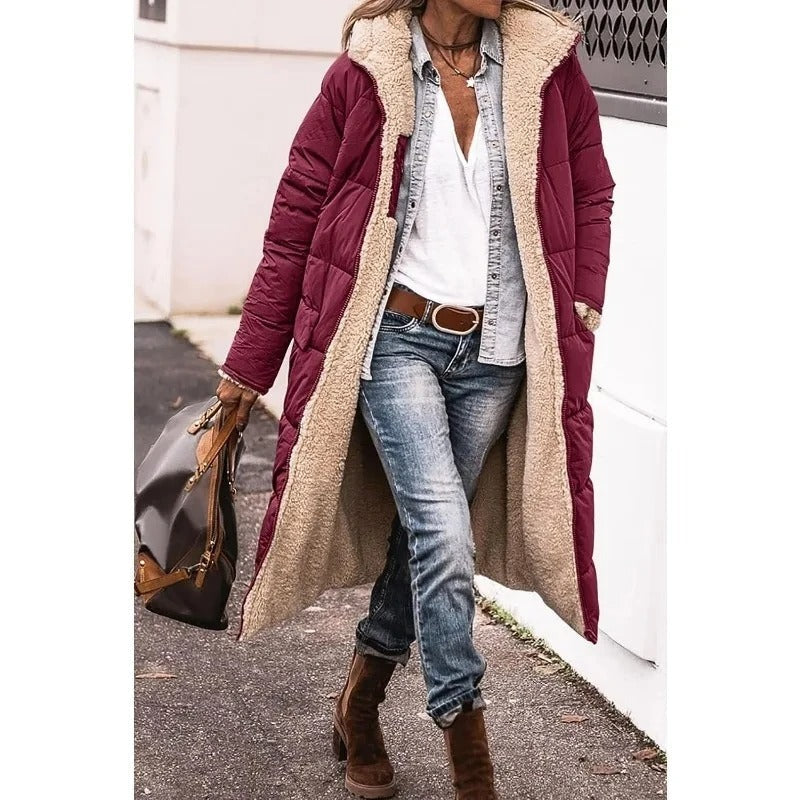 Burgundy longline puffer jacket with sherpa-lined hood and long open front