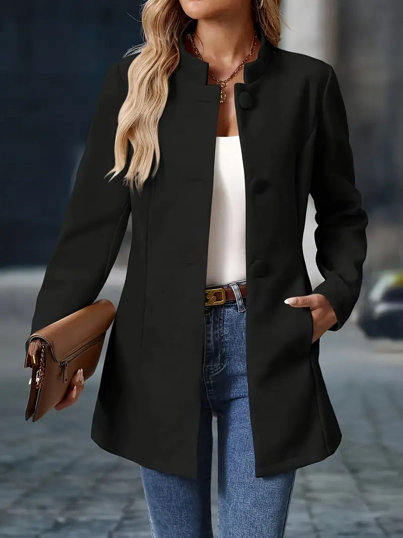 Women’s mid-length winter coat, black, front view with round button detail