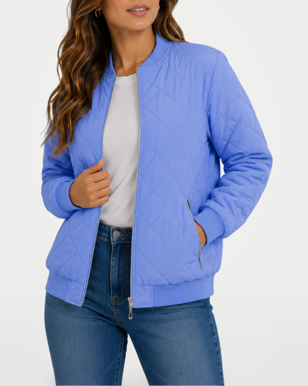 Women's quilted bomber jacket in light blue with full zipper and ribbed hem