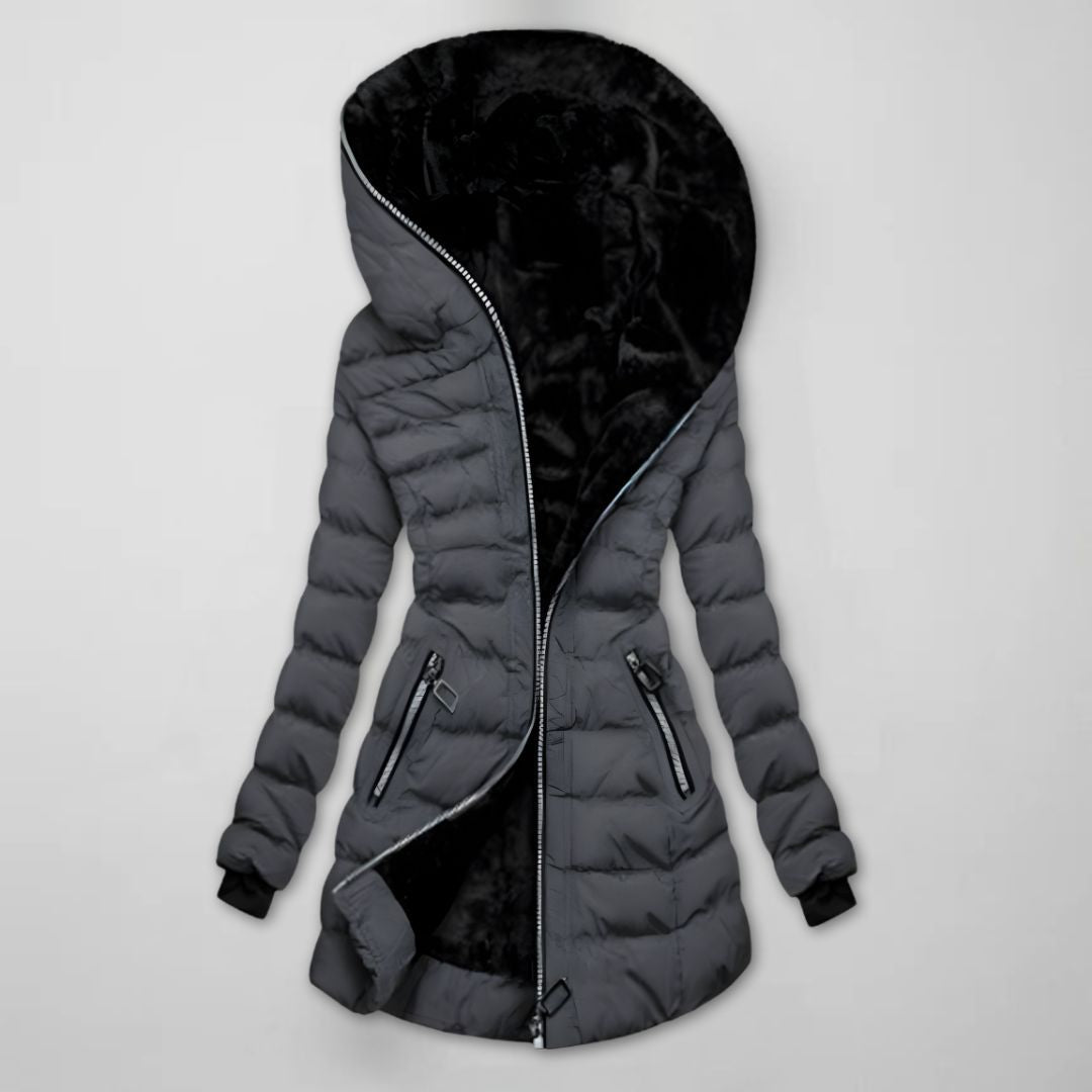 Women's long quilted hooded puffer jacket, gray with black faux-fur hood