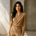Women’s crossover collar knit sweater in camel brown with long sleeves